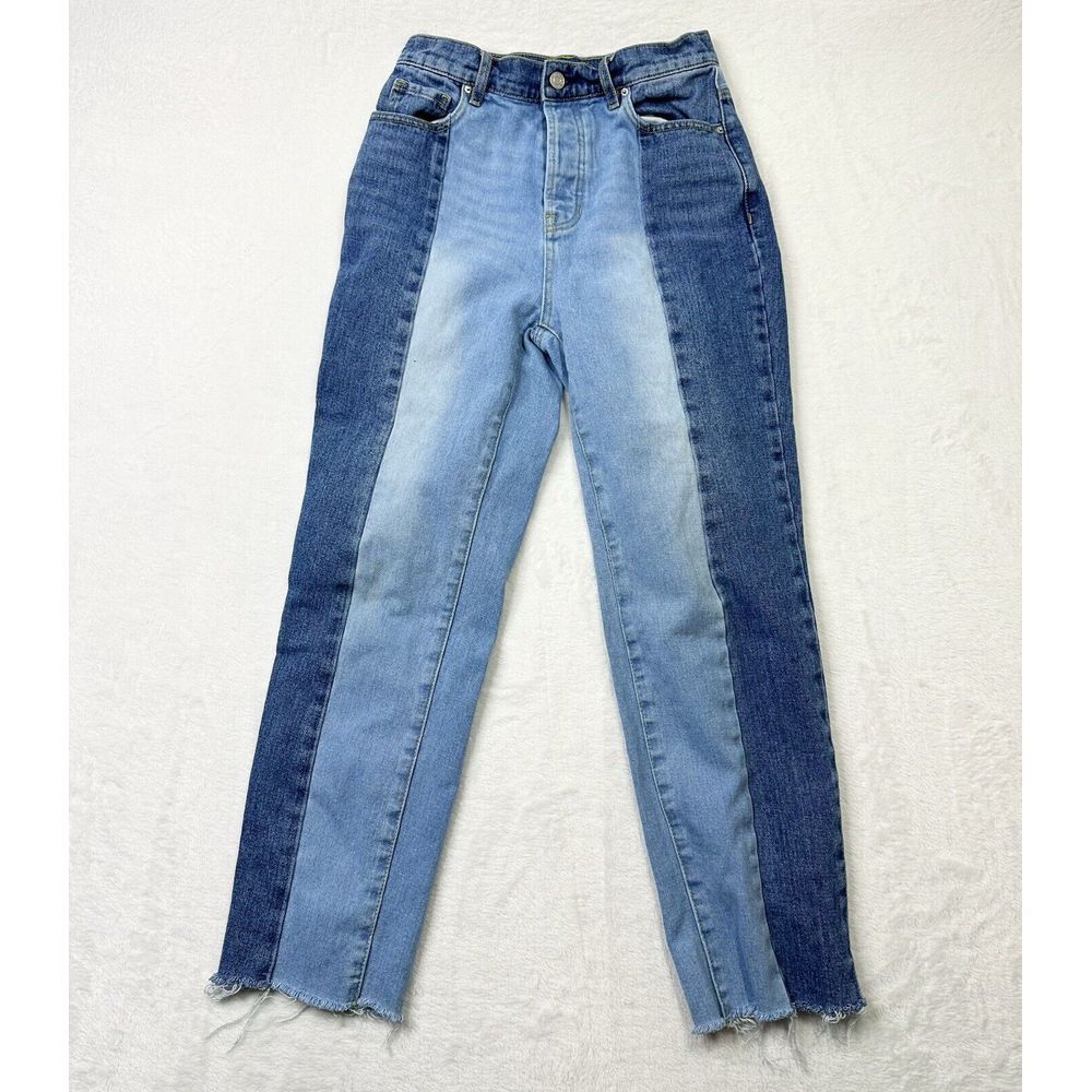 PacSun‎ Jeans Womens 25 High Rise Straight Blue Light Dark Colorblock Raw Hem